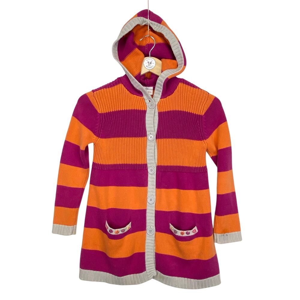 Hannah Andersson Long Hooded Button Front Sweater Girls 6/7 Pink Orange Striped